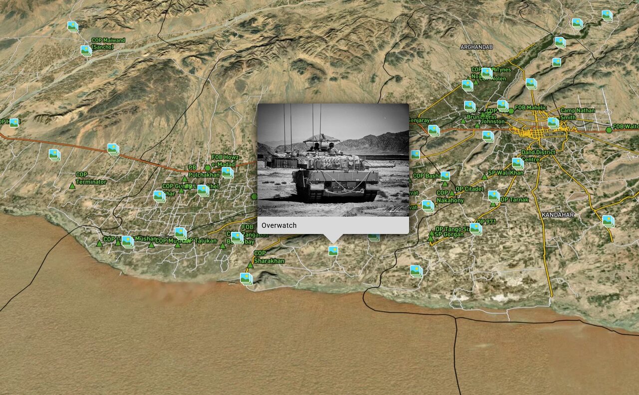 The Project Athena map of Afghanistan showing combat outposts and a geotagged veteran photograph